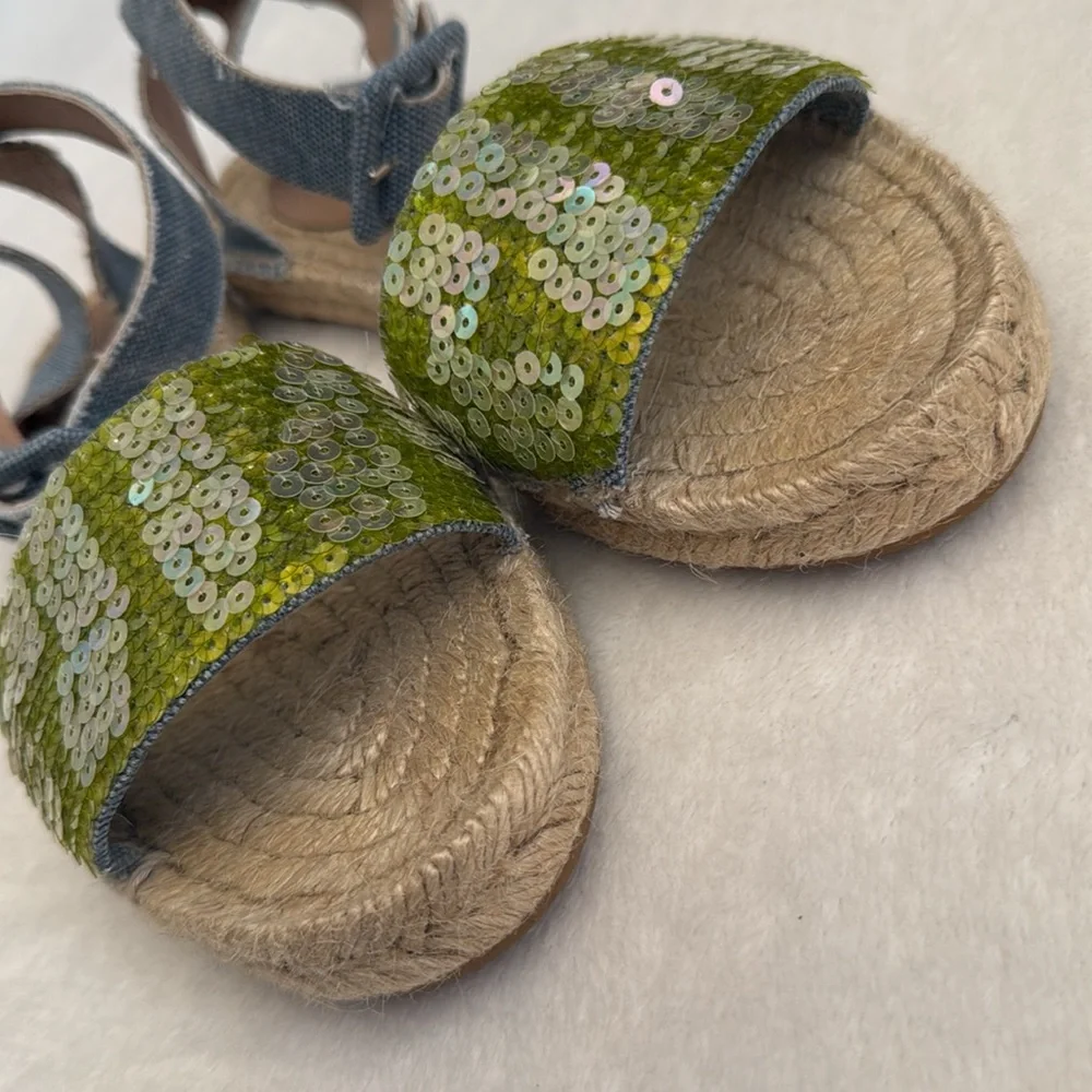 J. Crew | Sequin Ankle Strap Espadrilles Green/Blue Chambray (8) - Picture 4 of 15